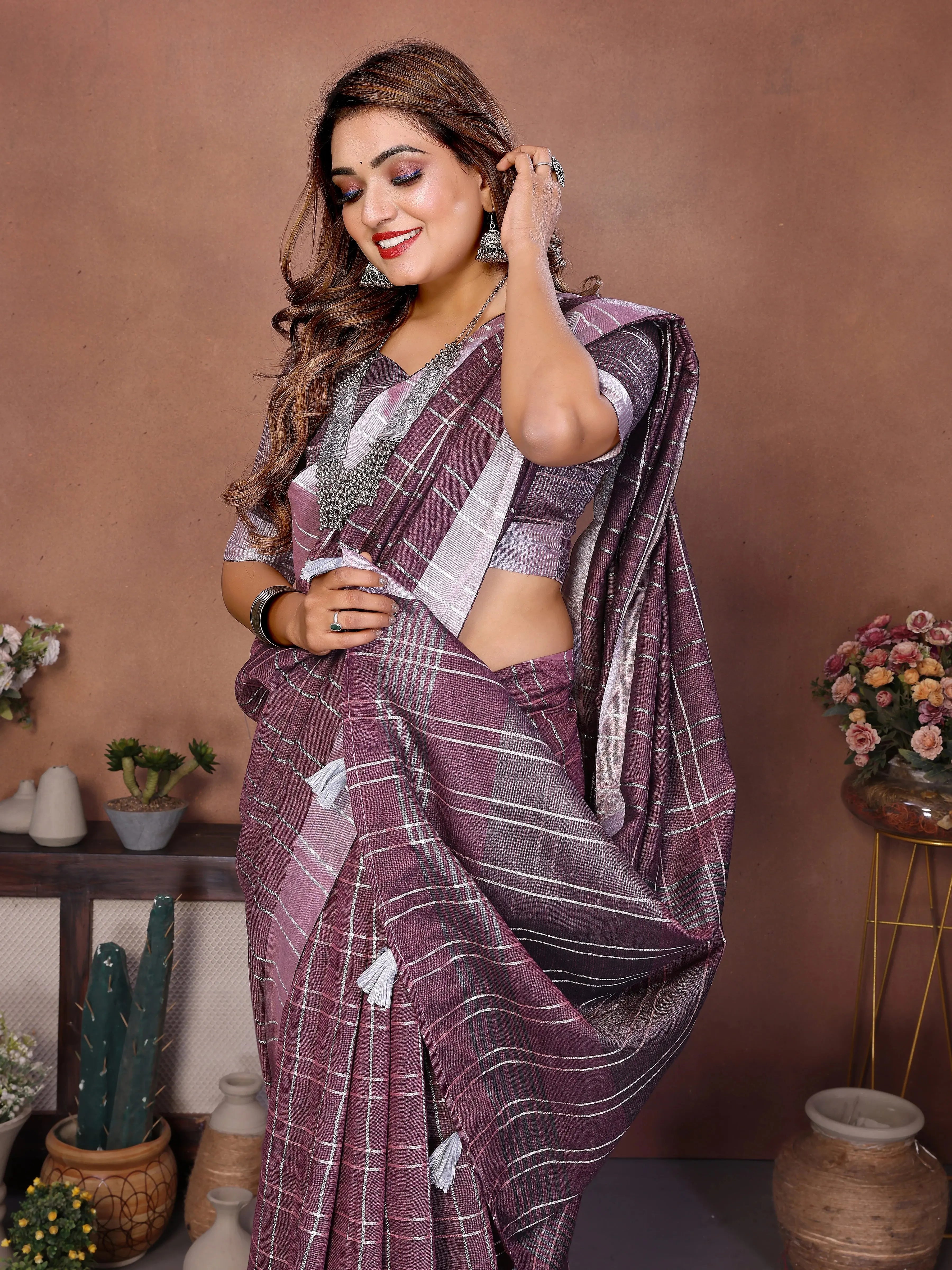 Purple Ached Weaving Soft Linen Saree – Kalyanja
